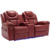 Home Theater Seating Manual Recliner Loveseat with Hide-Away Storage, Cup Holders and LED Light Strip for Living Room, Wind Red