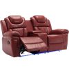 Home Theater Seating Manual Recliner Loveseat with Hide-Away Storage, Cup Holders and LED Light Strip for Living Room, Wind Red